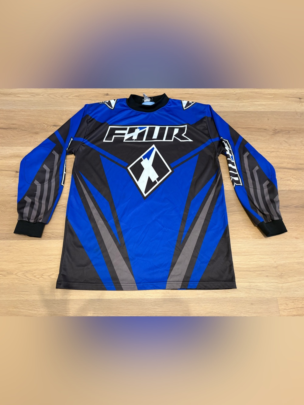 Four Racing ATV or Motocross Long Sleeve Jersey Size Medium Blue Black and Gray